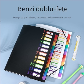 Mapă acordeon cu 13 compartimente, organizator multistrat pentru documente de birou, culori curcubeu, sfoară de legare din PP