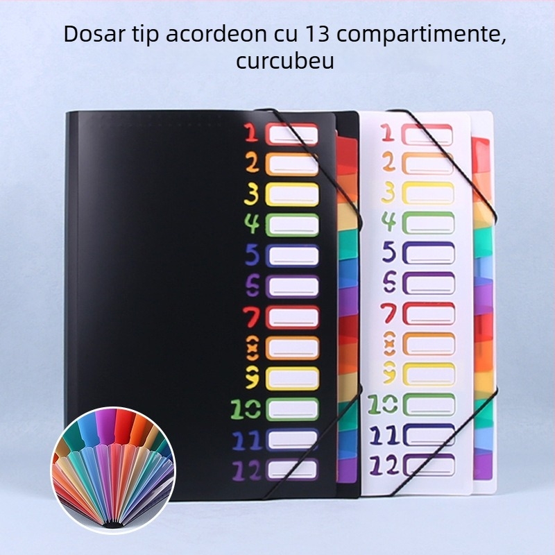 Mapă acordeon cu 13 compartimente, organizator multistrat pentru documente de birou, culori curcubeu, sfoară de legare din PP