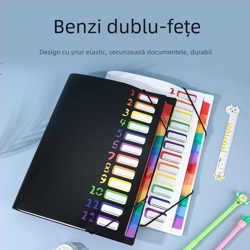 Mapă acordeon cu 13 compartimente, organizator multistrat pentru documente de birou, culori curcubeu, sfoară de legare din PP