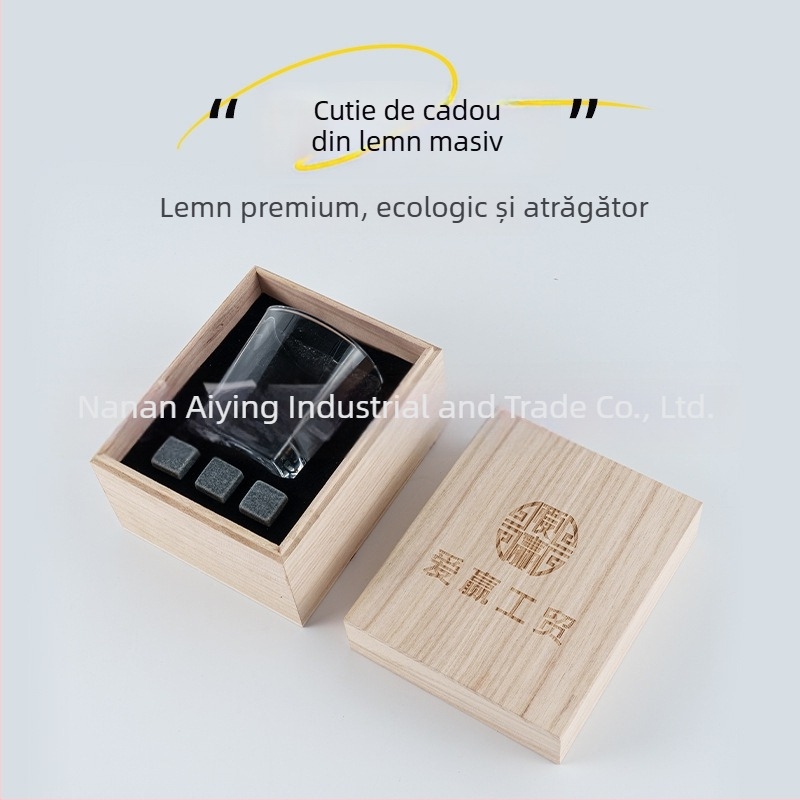 Pahar de whisky într-o cutie din lemn cu pietre de răcire pentru vin și capac din lemn Paulownia – set cadou