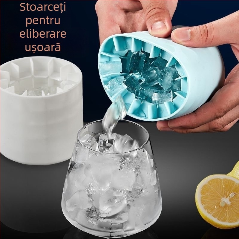 Tavă din silicon pentru cuburi de gheață cu design cilindric, mini găleată pentru gheață și cutie de depozitare