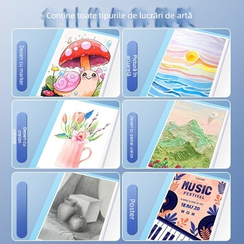 Album de artă pentru copii cu clips pentru opere de artă, format A3/8K, 60 de pagini, material PP, dimensiune portabilă A3/A2