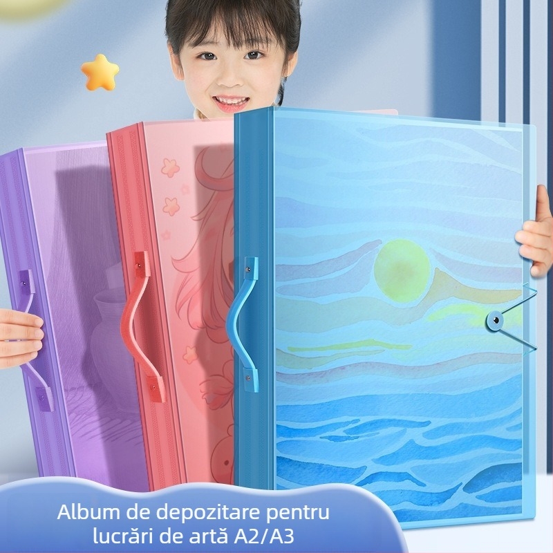 Album de artă pentru copii cu clips pentru opere de artă, format A3/8K, 60 de pagini, material PP, dimensiune portabilă A3/A2