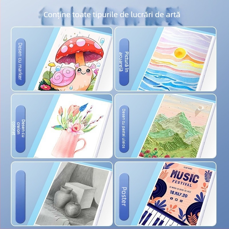Album de artă pentru copii cu clips pentru opere de artă, format A3/8K, 60 de pagini, material PP, dimensiune portabilă A3/A2