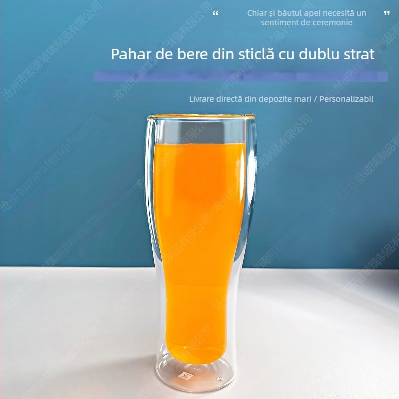 Pahar cu pereți dubli din sticlă borosilicată – izolat, pentru apă/suc, design modern minimalist, suflat manual, fără capac