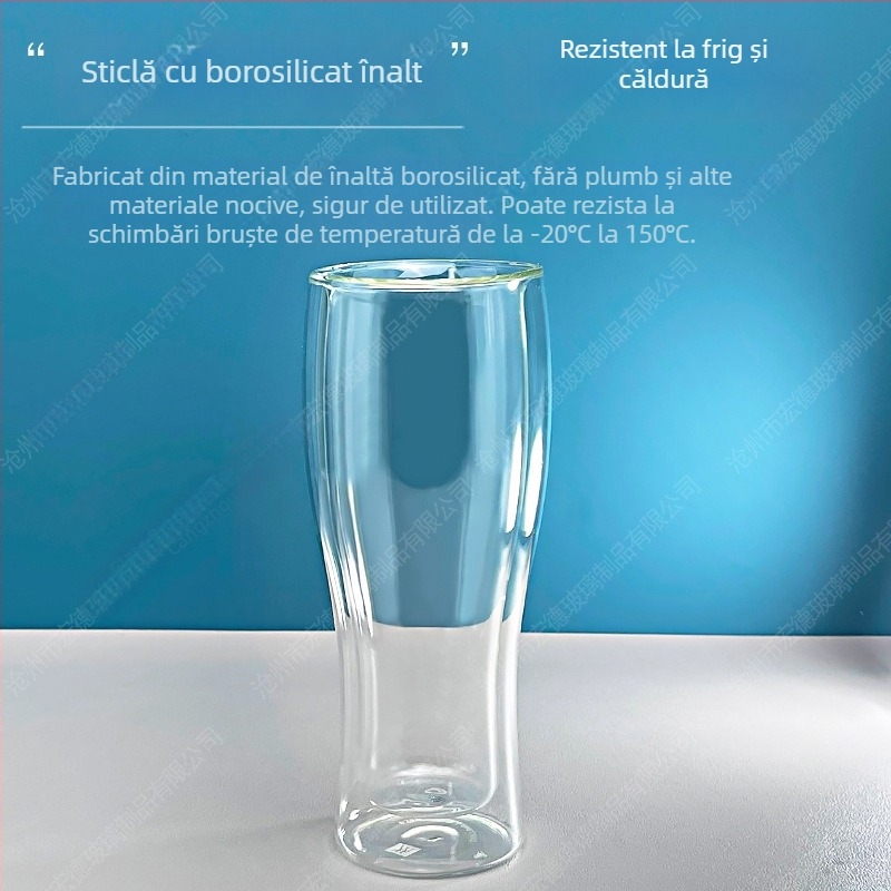 Pahar cu pereți dubli din sticlă borosilicată – izolat, pentru apă/suc, design modern minimalist, suflat manual, fără capac
