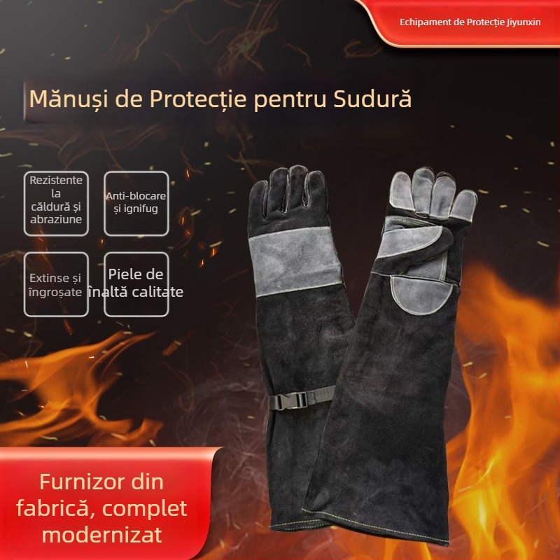 Mănuși de sudură din piele de vită, 60 cm, groase și prelungite, rezistente la căldură și la temperaturi înalte, protecție și uzură pentru sudori