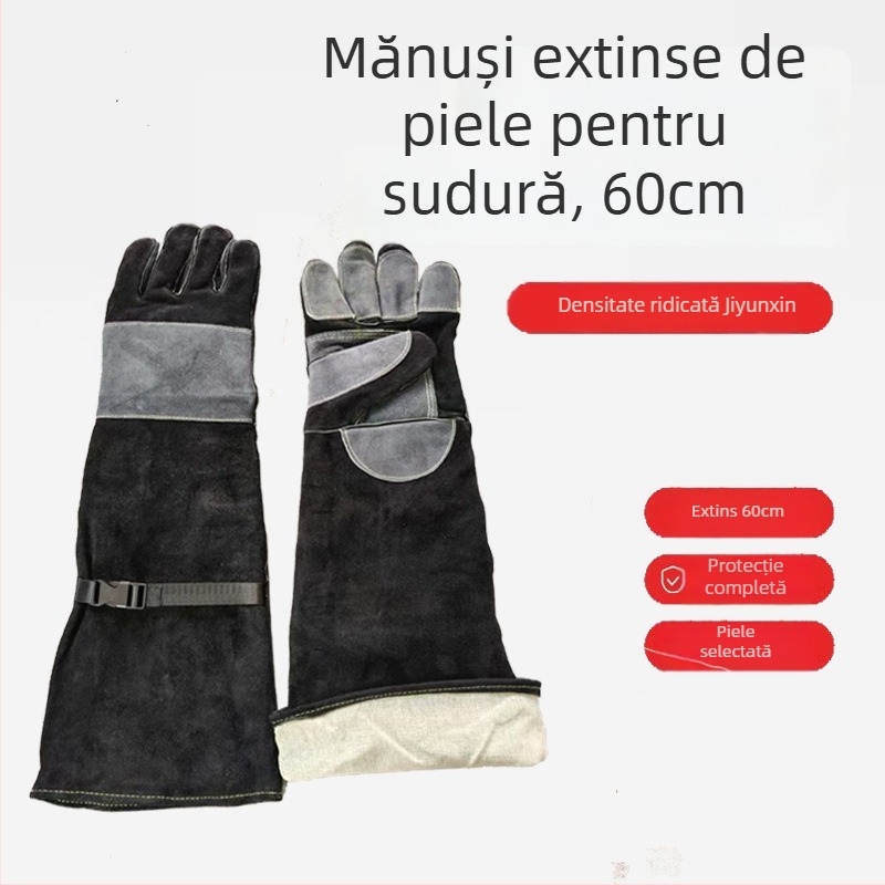 Mănuși de sudură din piele de vită, 60 cm, groase și prelungite, rezistente la căldură și la temperaturi înalte, protecție și uzură pentru sudori