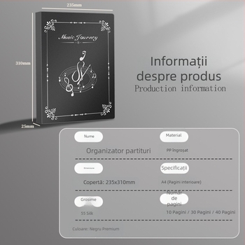 Mapă pentru partituri cu pagini transparente, pentru tobe și pian, organizator editabil
