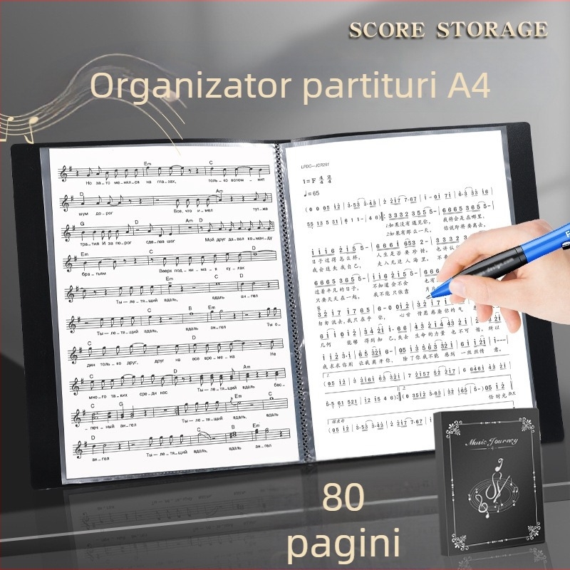 Mapă pentru partituri cu pagini transparente, pentru tobe și pian, organizator editabil