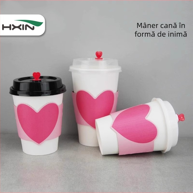 HXIN Huse pentru pahare din carton, cu inimă, groase, ondulate, pentru ceai cu lapte și cafea