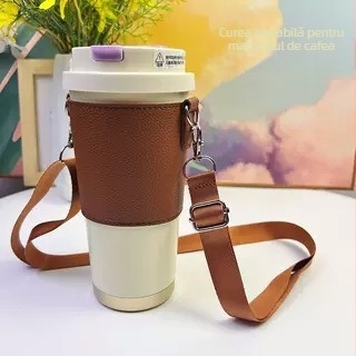 Husă portabilă din PU pentru pahare de ceai cu lapte și cafea, izolație și curea crossbody
