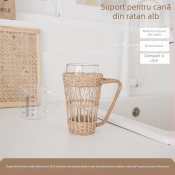 Acoperire pentru pahar din ratan alb, stil japonez, cu mâner, protecție împotriva arsurilor, țesut manual cu plasă pentru pahare din sticlă