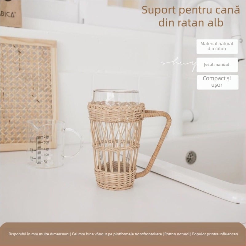 Acoperire pentru pahar din ratan alb, stil japonez, cu mâner, protecție împotriva arsurilor, țesut manual cu plasă pentru pahare din sticlă