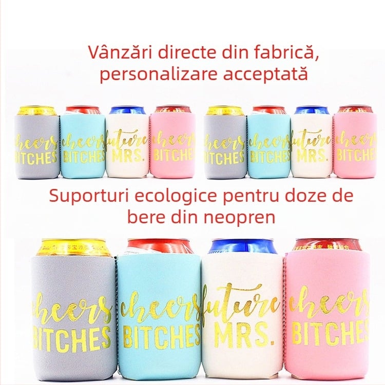 Husă pentru pahar din neopren, cu litere aurii ștanțate prin imprimare termică, material SBR, personalizată la nivel de fabrică, pentru doze de bere și sticle