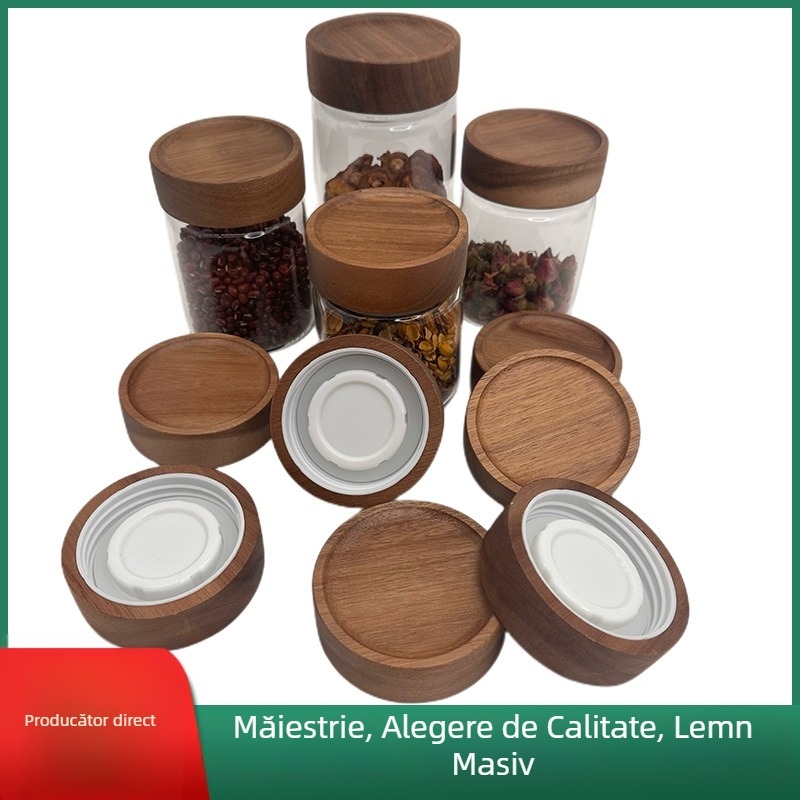 Recipient pentru ceai din lemn de acacia, cu corp din sticlă și capac filetant, diametru 80 mm