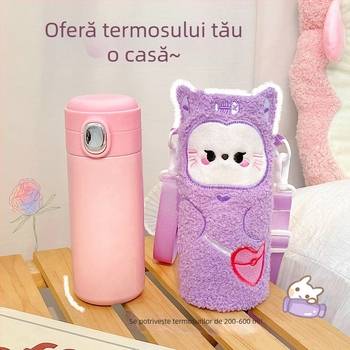 Husă termoizolantă pentru cană, broderie desen animat, pluș, curea crossbody