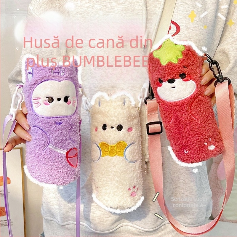 Husă termoizolantă pentru cană, broderie desen animat, pluș, curea crossbody