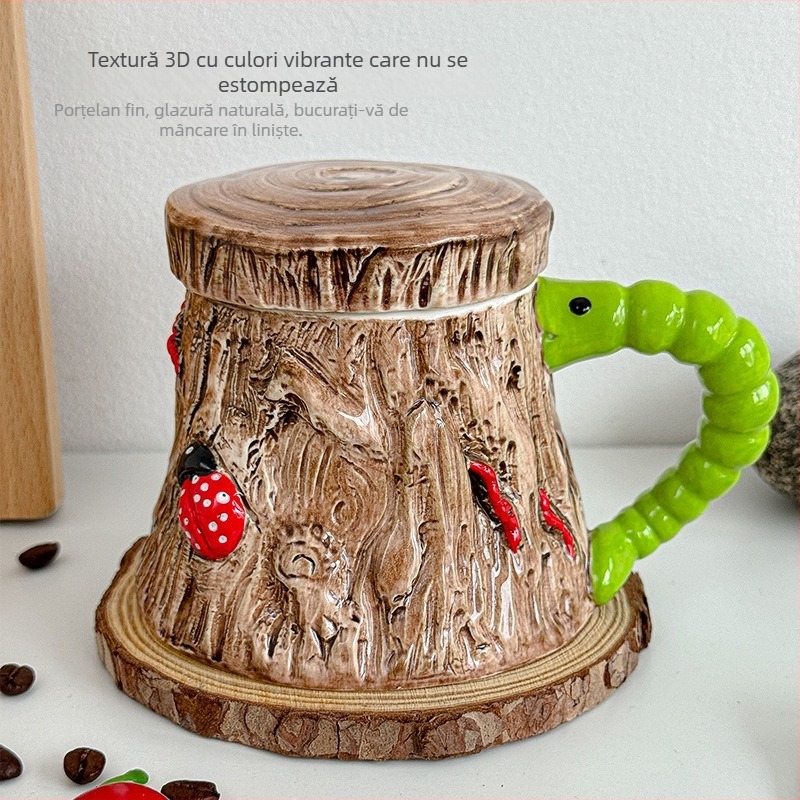 Ceașcă ceramică pentru cafea, creativă și amuzantă, în stil retro, practică și drăguță, cu capac