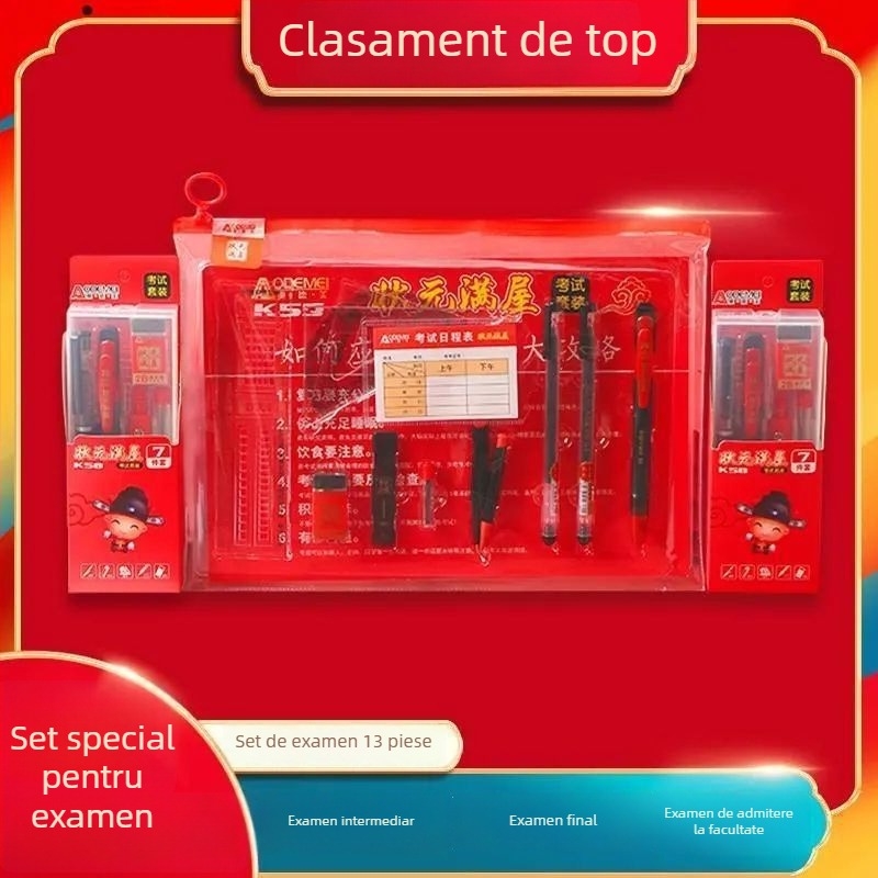 Set de examen: Echipamente esențiale de papetărie pentru examenul de admitere la liceu — creioane 2B, markere pentru răspunsuri, tablă, compas, riglă