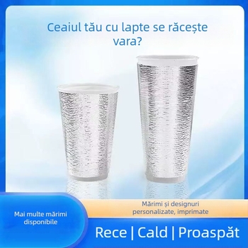 Manșon izolant de unică folosință pentru pahare, destinat băuturilor calde și reci (ceai cu lapte, cafea), cu folie de aluminiu
