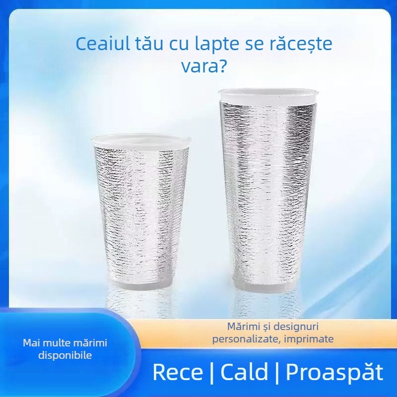 Manșon izolant de unică folosință pentru pahare, destinat băuturilor calde și reci (ceai cu lapte, cafea), cu folie de aluminiu