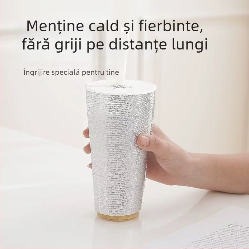 Manșon izolant de unică folosință pentru pahare, destinat băuturilor calde și reci (ceai cu lapte, cafea), cu folie de aluminiu
