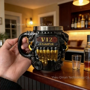 Cană cu motor V12 din rășină, interior căptușit, design minimalist mecanic punk din oțel inoxidabil