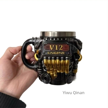 Cană cu motor V12 din rășină, interior căptușit, design minimalist mecanic punk din oțel inoxidabil