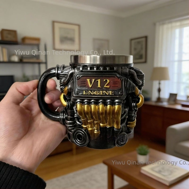 Cană cu motor V12 din rășină, interior căptușit, design minimalist mecanic punk din oțel inoxidabil