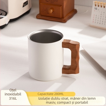 Cană din oțel inoxidabil 316, mâner din lemn, stil nordic, pereți dubli, pentru cafea sau ceai, cu logo laser