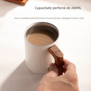 Cană din oțel inoxidabil 316, mâner din lemn, stil nordic, pereți dubli, pentru cafea sau ceai, cu logo laser