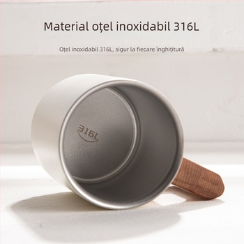 Cană din oțel inoxidabil 316, mâner din lemn, stil nordic, pereți dubli, pentru cafea sau ceai, cu logo laser