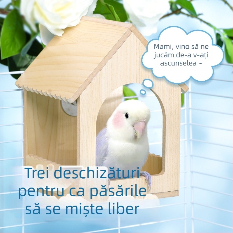 Cuib din lemn pentru păsări, pentru papagali și păsări mici, model tigru-peonie, cuib de dormit perlă, accesorii pentru cușcă