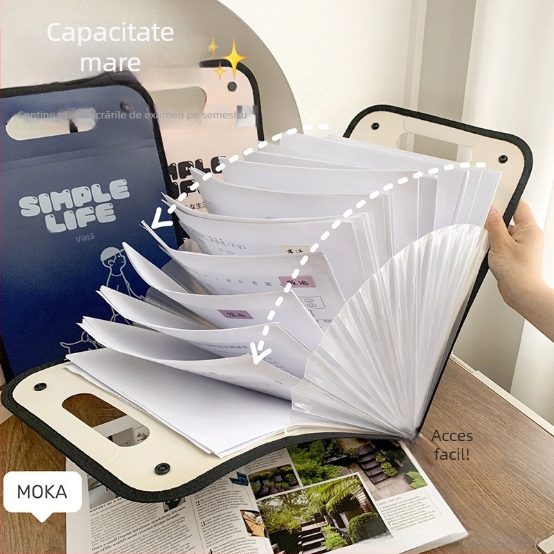 Dosar accordion minimalist cu capacitate mare, A4, vertical, organizator cu mai multe compartimente pentru documente de studiu și birou