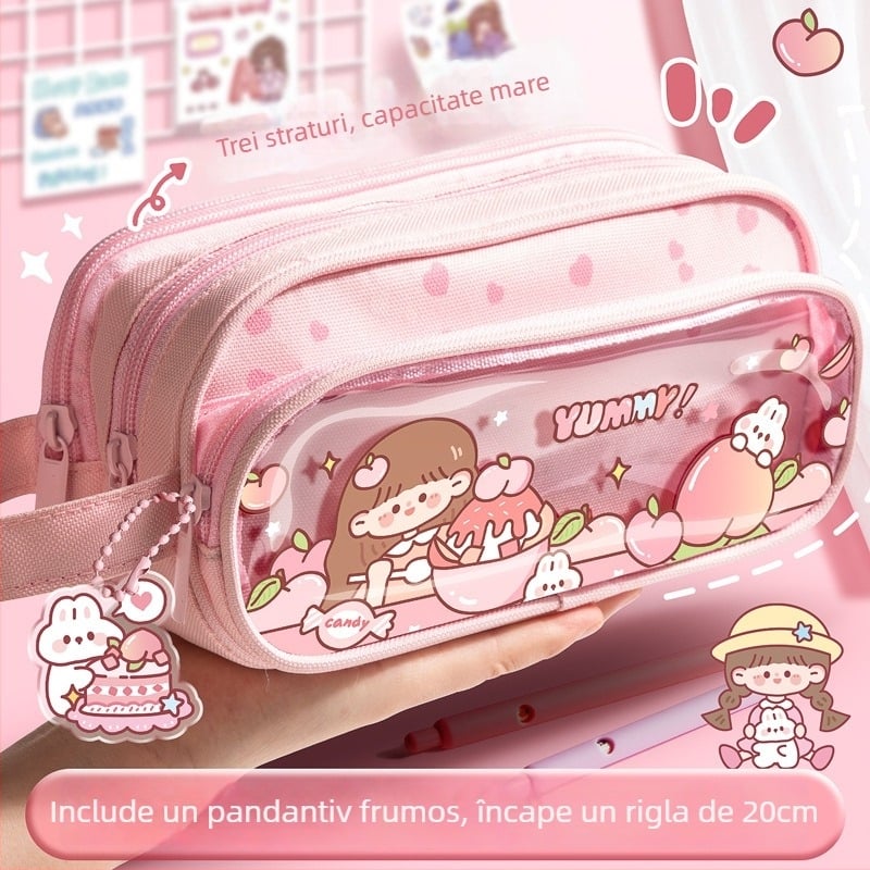 Penar transparent cu trei niveluri, capacitate mare, design cu desene animate, universal pentru băieți și fete, cutie impermeabilă pentru depozitarea creionelor