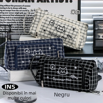 Penar pentru creioane cu model pătrățos și broderie cu pisicuță, capacitate mare, rezistent la pete, multifuncțional, spațiu de depozitare pe mai multe niveluri pentru elevi gimnaziu și primar