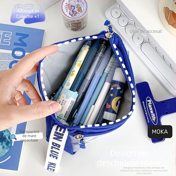 Etui triunghi Klein Blue pentru creioane, capacitate mare, rezistent la murdărie, stil minimalist pentru elevi din învățământul primar