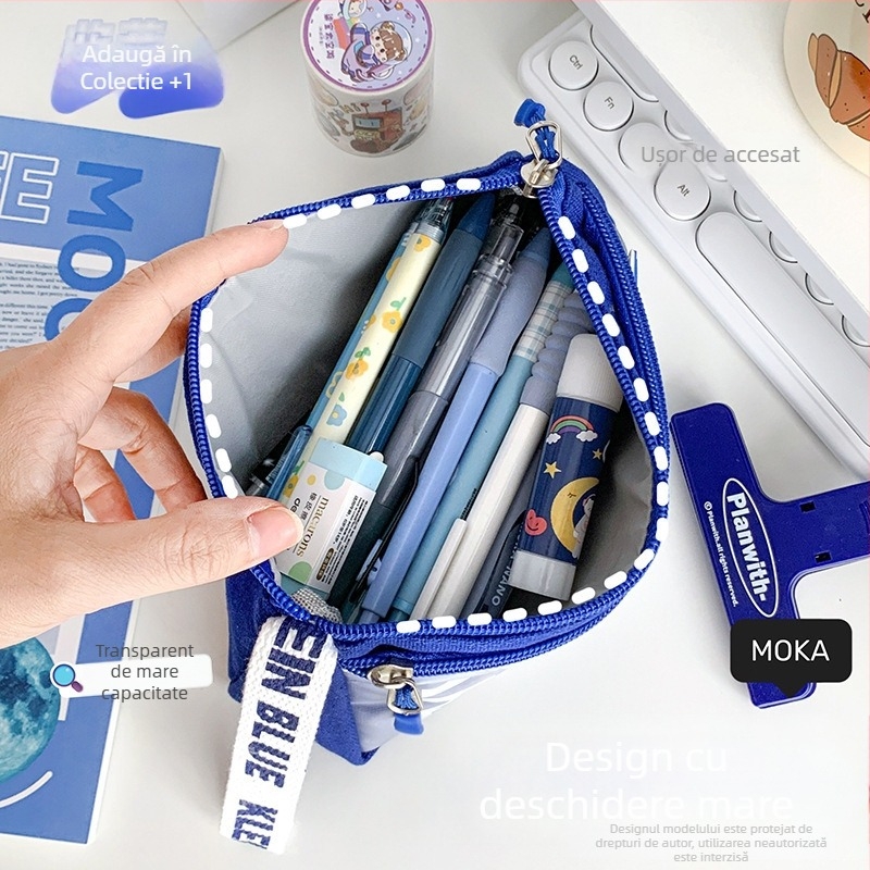 Etui triunghi Klein Blue pentru creioane, capacitate mare, rezistent la murdărie, stil minimalist pentru elevi din învățământul primar