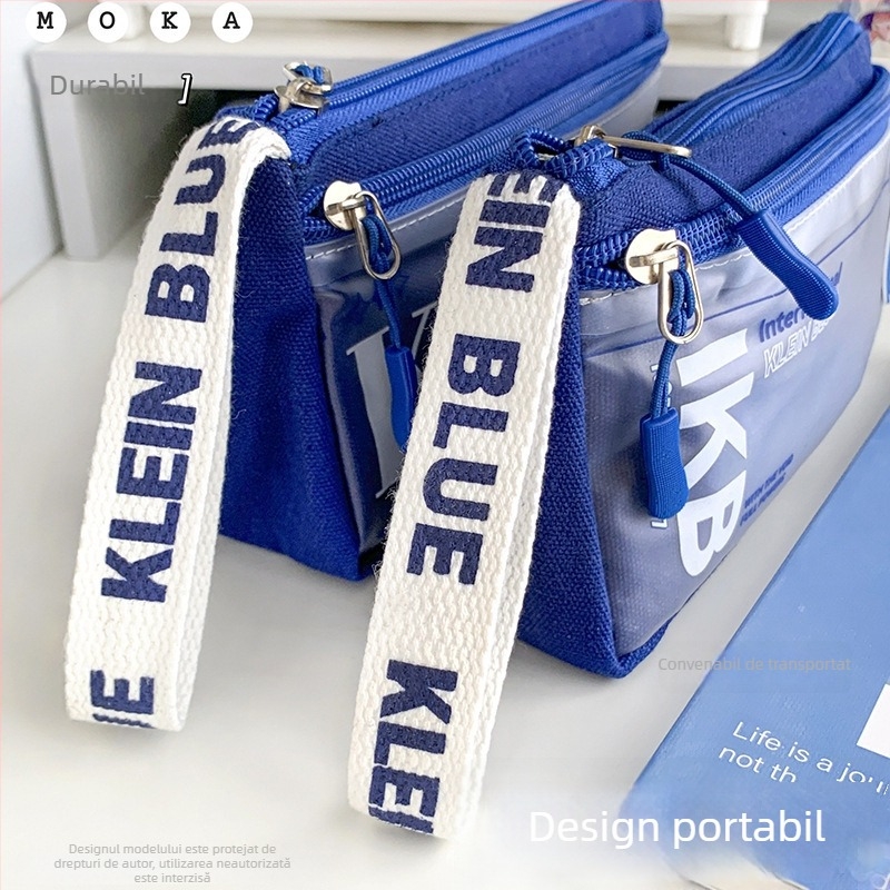 Etui triunghi Klein Blue pentru creioane, capacitate mare, rezistent la murdărie, stil minimalist pentru elevi din învățământul primar