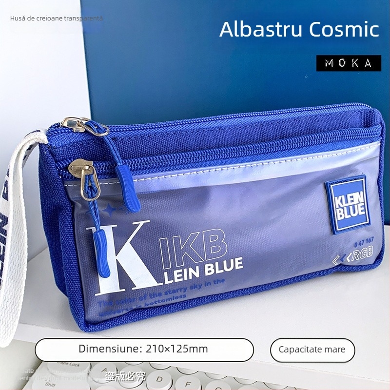 Etui triunghi Klein Blue pentru creioane, capacitate mare, rezistent la murdărie, stil minimalist pentru elevi din învățământul primar