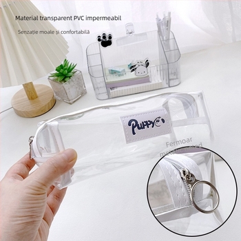 Geantă transparentă pentru pixuri din PVC, capacitate mare, unisex, stil japonez, design simplu cu un singur strat