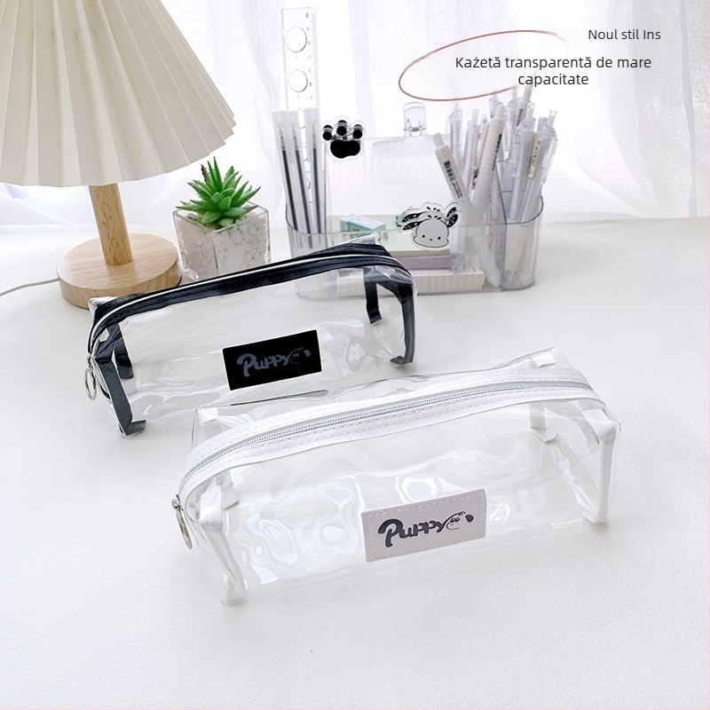 Geantă transparentă pentru pixuri din PVC, capacitate mare, unisex, stil japonez, design simplu cu un singur strat
