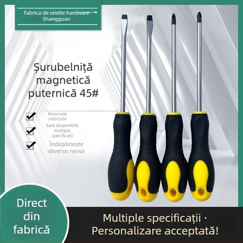 Șurubelniță magnetică cu mâner din cauciuc antiderapant, vârf plat și Philips, din oțel 45#