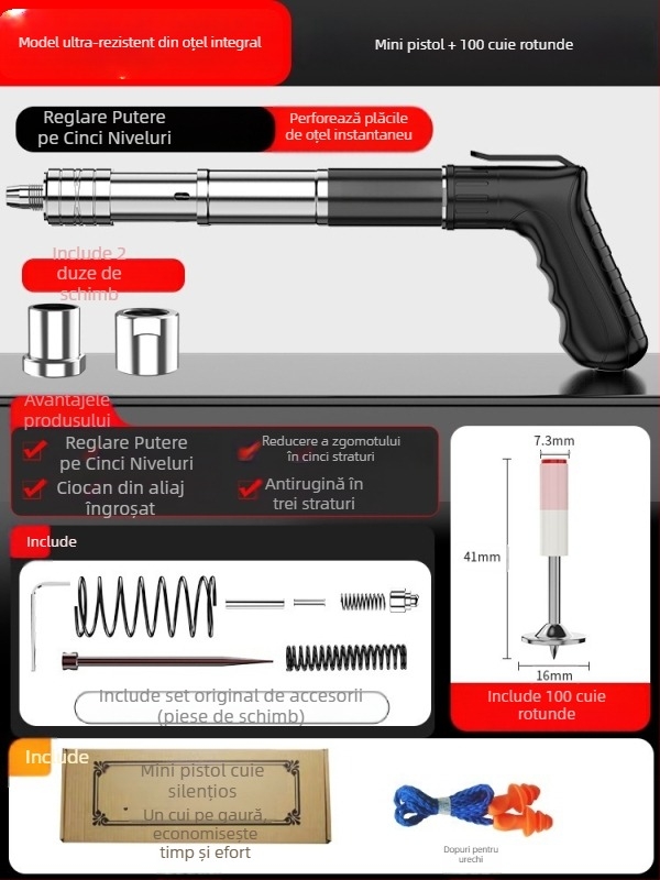 Pistol de cuie, pistol de cuie pentru tavan, pistol de cuie pentru canal de cablu, unealtă pneumatică pentru fixarea cimentului, cuie din oțel mini, cuie drepte