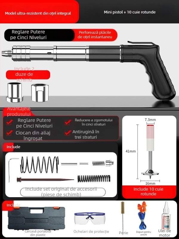 Pistol de cuie, pistol de cuie pentru tavan, pistol de cuie pentru canal de cablu, unealtă pneumatică pentru fixarea cimentului, cuie din oțel mini, cuie drepte