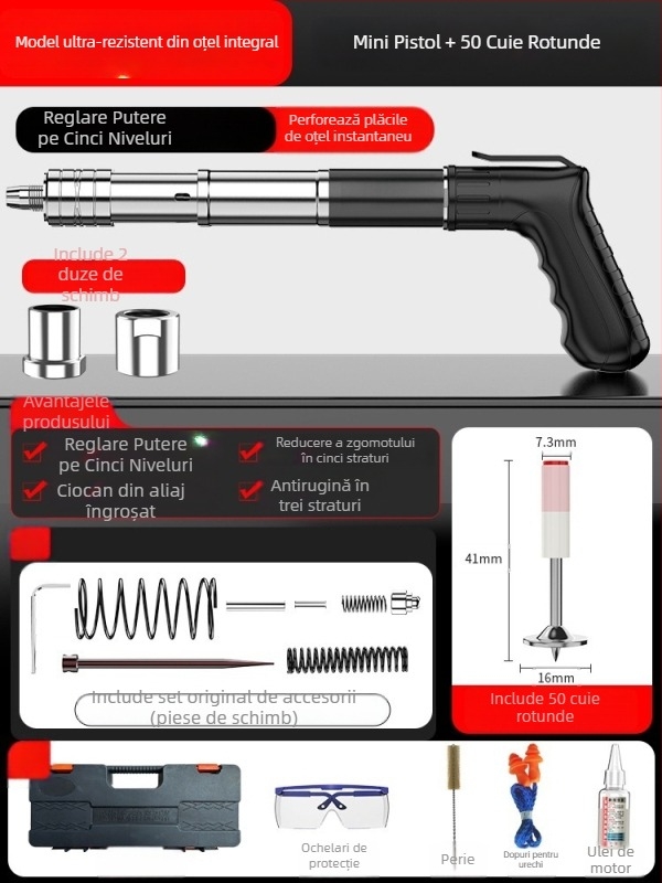 Pistol de cuie, pistol de cuie pentru tavan, pistol de cuie pentru canal de cablu, unealtă pneumatică pentru fixarea cimentului, cuie din oțel mini, cuie drepte