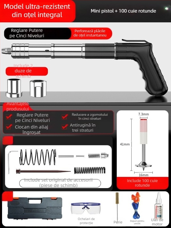 Pistol de cuie, pistol de cuie pentru tavan, pistol de cuie pentru canal de cablu, unealtă pneumatică pentru fixarea cimentului, cuie din oțel mini, cuie drepte