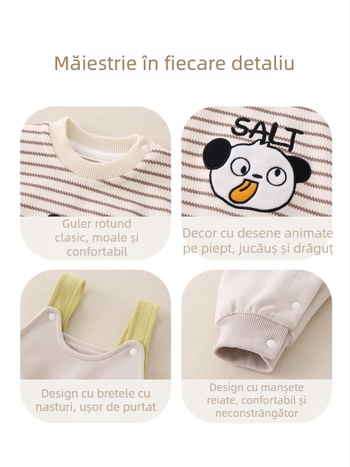 Set de primăvară pentru bebeluși: salopetă cu dungi și imprimeu desen animat pentru băieți, format din două piese