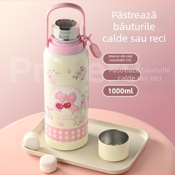 Cană de apă izolată, capacitate mare, interior din oțel inoxidabil 316, roz, mâner portabil